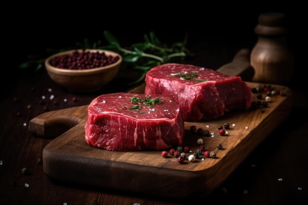 Steak de filet mignon de boeuf cru sur planche à découper et fond noir