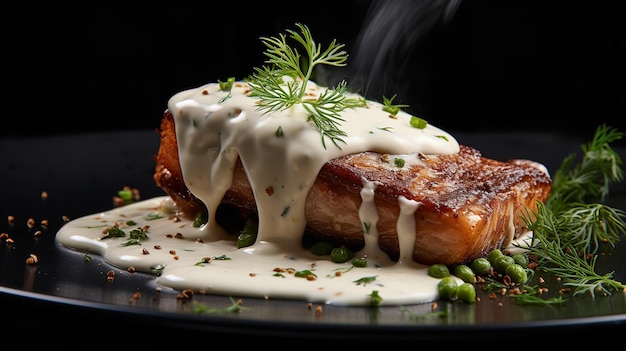 Steak de filet de poisson blanc grillé servi avec de l'aneth vert frais et une sauce béchamel à la crème sure Generative AI