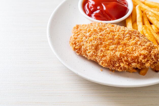 steak de filet de poitrine de poulet frit avec frites et ketchup