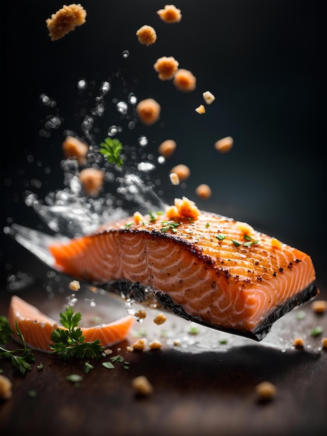 Steak de filet de saumon flottant délicieux repas sain Bonne source de protéines acides gras oméga-3 v