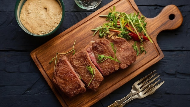 Steak frit sur une planche de bois