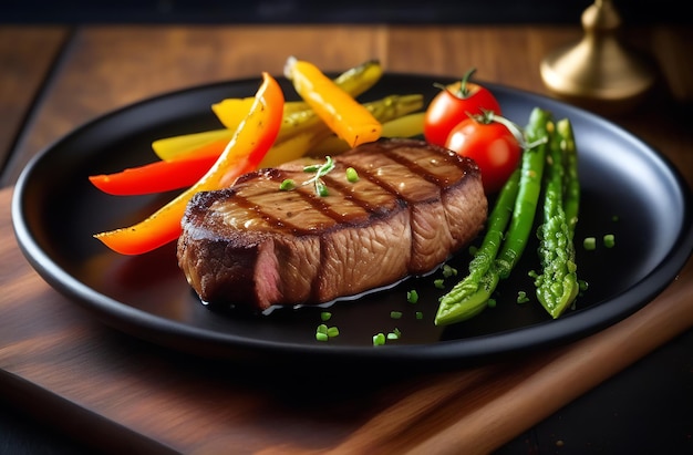 Un steak frite juteux avec des légumes, des poivrons et des asperges.