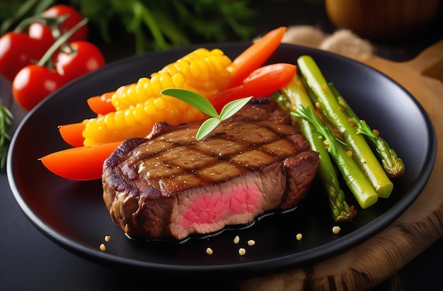 Un steak frite juteux avec des légumes, des poivrons, du maïs et des asperges.