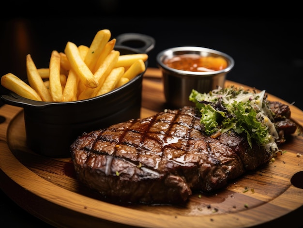 un steak et des frites sur une assiette en bois