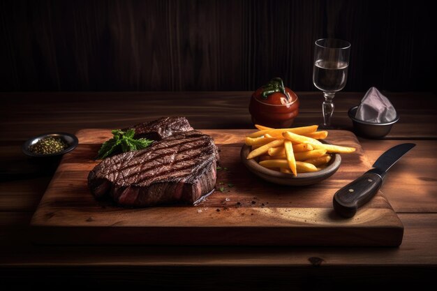 Un steak et des frites sur une planche de bois avec un couteau et une fourchette.