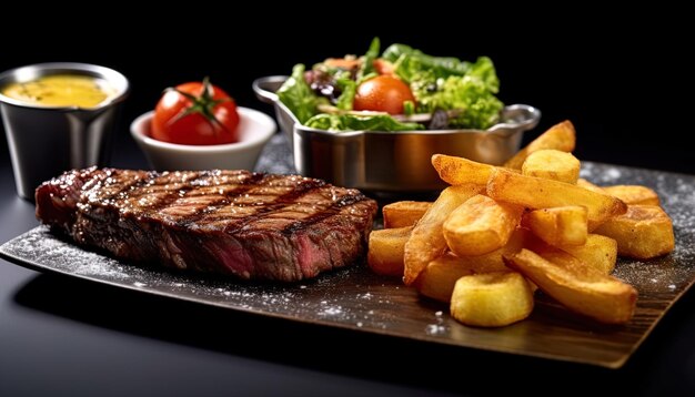 Photo un steak et des frites sont sur un plateau avec un bol de frites