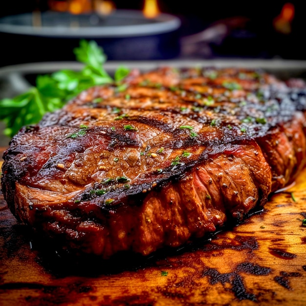 Un steak fumé grésillant avec un os parfaitement cuit