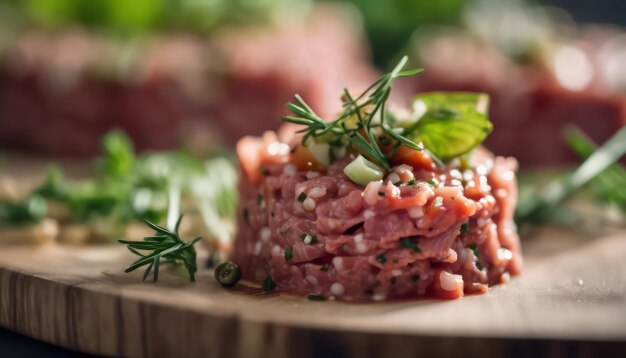 Photo un steak gourmet au tartare sur une planche de bois