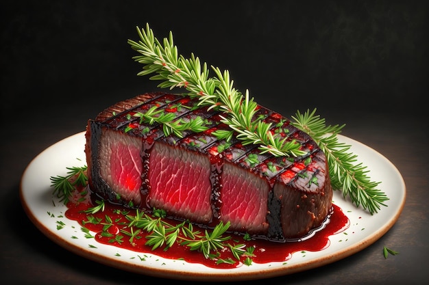 un steak sur un gril avec une branche de romarin dessus et un fond noir