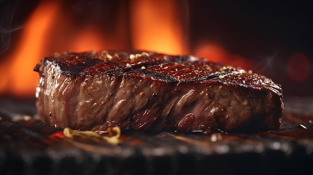 Un steak sur un gril avec un feu en arrière-plan