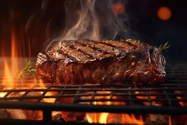 Un steak sur un gril avec un feu en arrière-plan