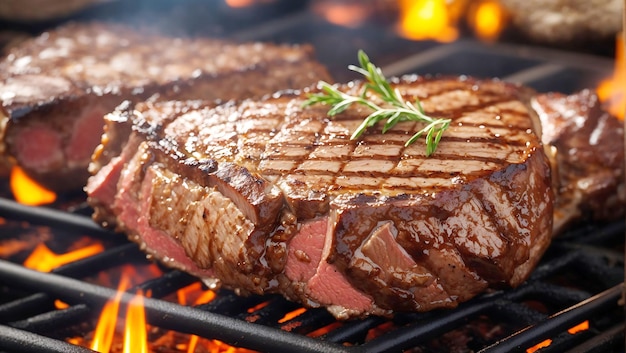 Un steak sur un gril avec un feu en arrière-plan