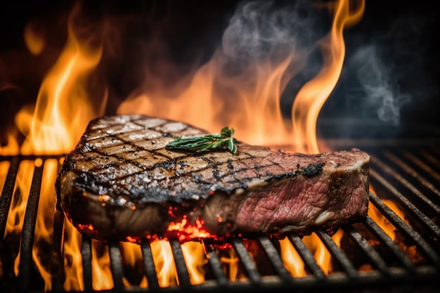 Un steak sur un gril avec des flammes en arrière-plan