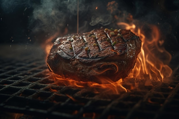 Un steak sur un gril avec des flammes et de la fumée qui en sort.