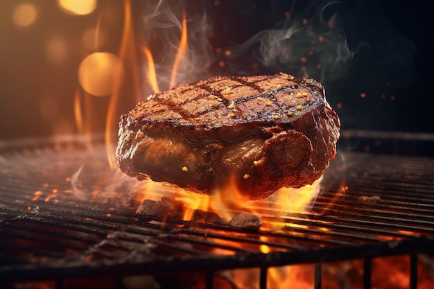 Un steak sur un gril avec des flammes et de la fumée