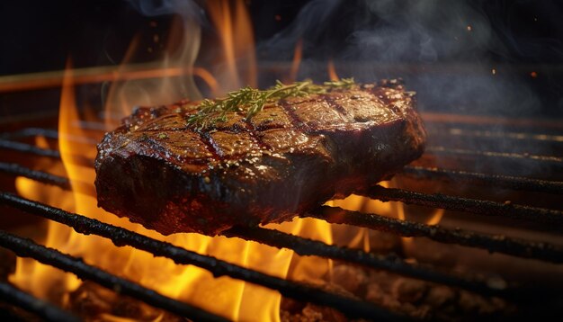 Steak sur le gril avec des flammes et de la fumée