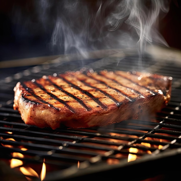 Steak sur le gril avec flammes et gros plan de fumée