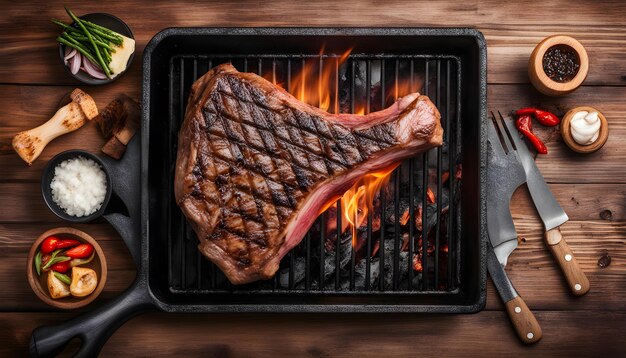 Photo steak sur un gril avec des flammes