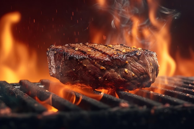 Un steak sur un gril avec un fond de feu