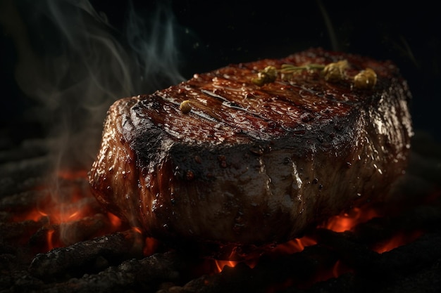 Un steak sur le gril avec de la fumée qui en sort