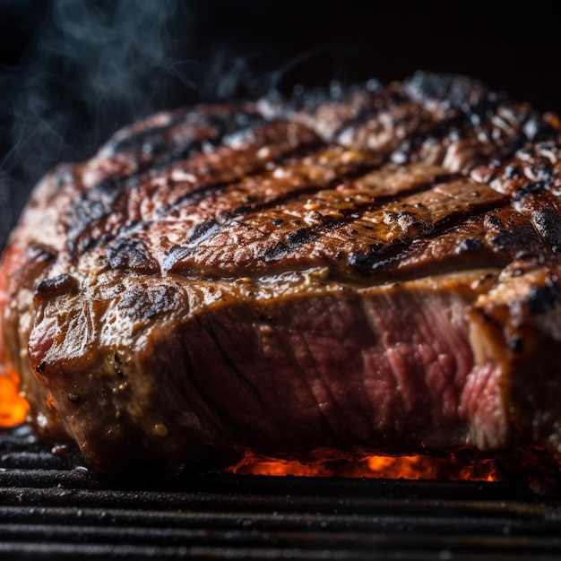 Un steak sur un gril avec de la fumée qui en sort