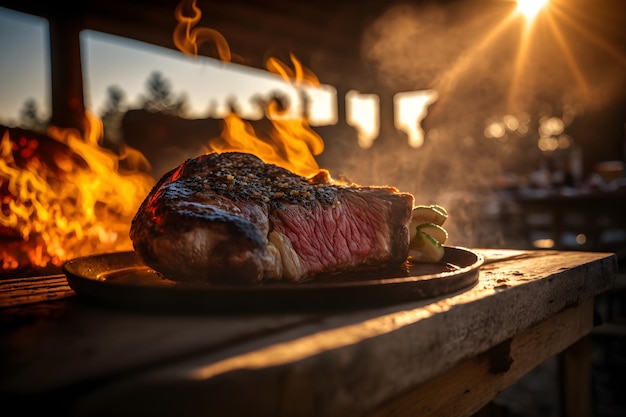 Un steak sur un gril avec le soleil derrière