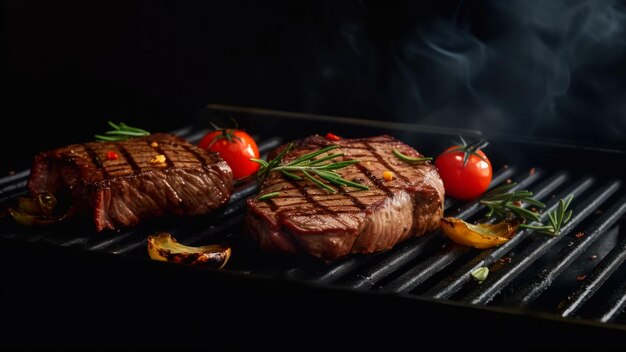 Photo un steak sur le gril avec des tomates sur le gril