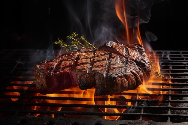 steak sur le grill avec le feu