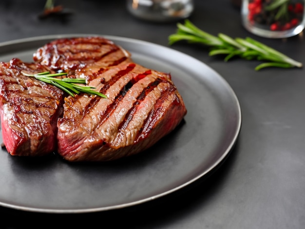 Steak grillé sur assiette avec des épices et du romarin en gros plan