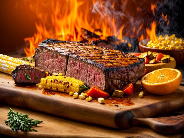 un steak grillé au barbecue, du maïs sur la tourbe et des légumes rôtis sur une dalle de bois robuste