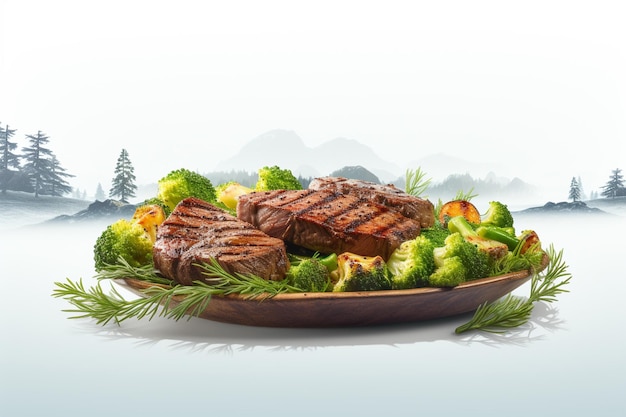 Steak grillé au brocoli sur une assiette blanche sur fond bleu