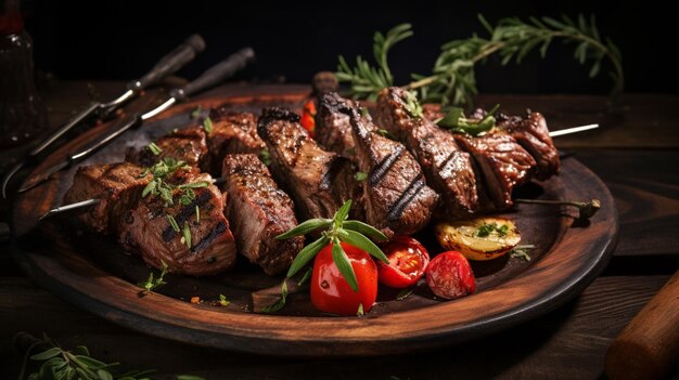 steak grillé sur brochette servi sur une assiette rustique