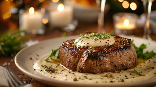 Photo steak grillé avec du beurre d'herbe sur la table de fête
