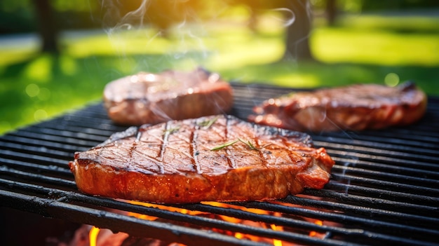 Un steak grillé avec des épices dans le jardin, le pique-nique d'été de la nature.