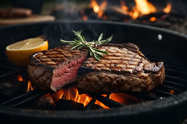 Steak grillé sur un feu ouvert