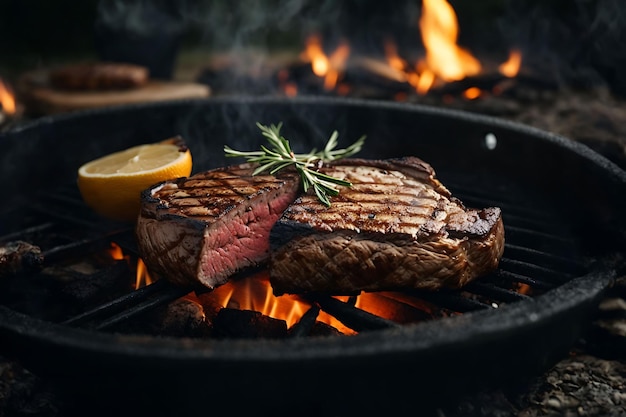 Steak grillé sur un feu ouvert