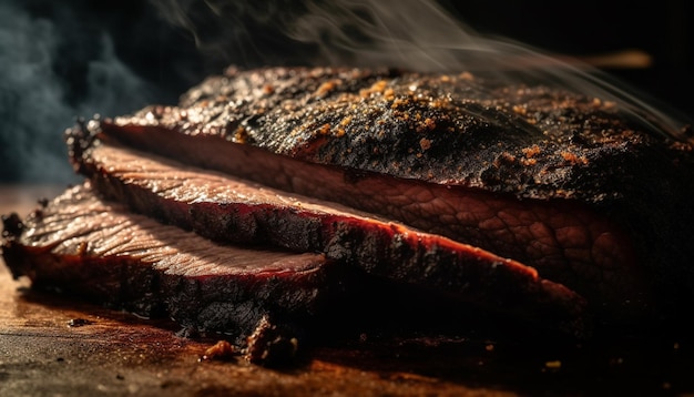 Steak grillé, filet de porc et de bœuf fumé sur une assiette rustique générée par l'IA