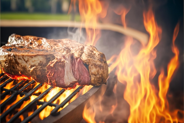 Un steak grillé sur un gril avec des flammes en arrière-plan.