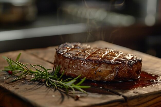 Photo un steak grillé juteux avec du romarin frais sur une planche de bois.