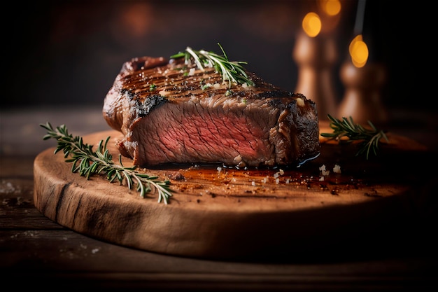 Steak grillé juteux avec des herbes et des épices sur une planche à découper rustique Barbecue généré par l'IA