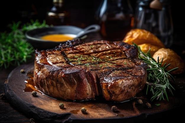 Steak grillé juteux avec des pommes de terre rustiques croustillantes IA générative