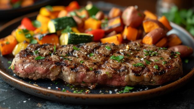 Steak grillé avec des légumes rôtis