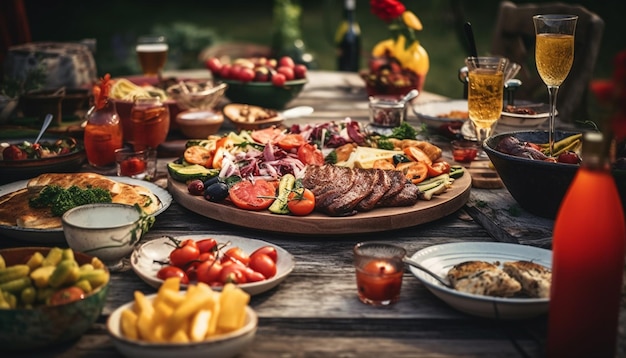 Steak grillé et légumes sur une table rustique généré par l'IA