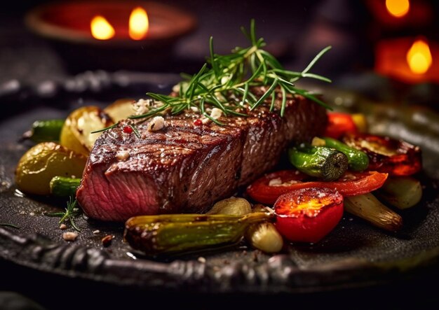 Steak grillé moyennement rare avec des légumes grillés sur fond noirAI Generative