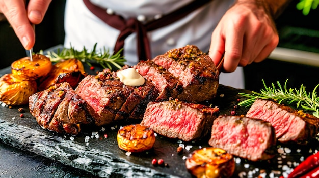 Steak grillé avec romarin et épices Délicieux filet de bœuf sur table en bois Meal gourmet