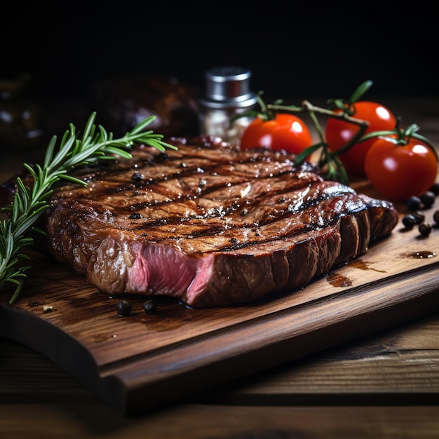 Un steak grillé sur une table en bois.