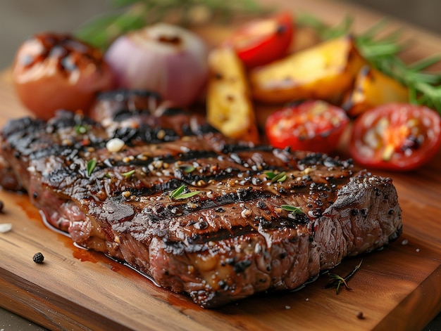 un steak avec des herbes sur le gril et un tas de légumes