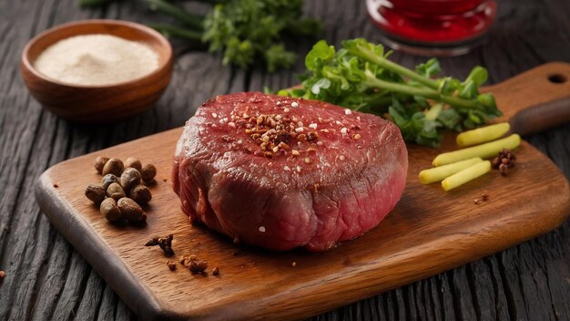 Photo steak juteux de bœuf moyen rare avec des épices sur une planche de bois sur la table