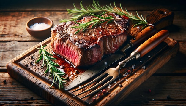 Un steak juteux sur une planche de bois rustique