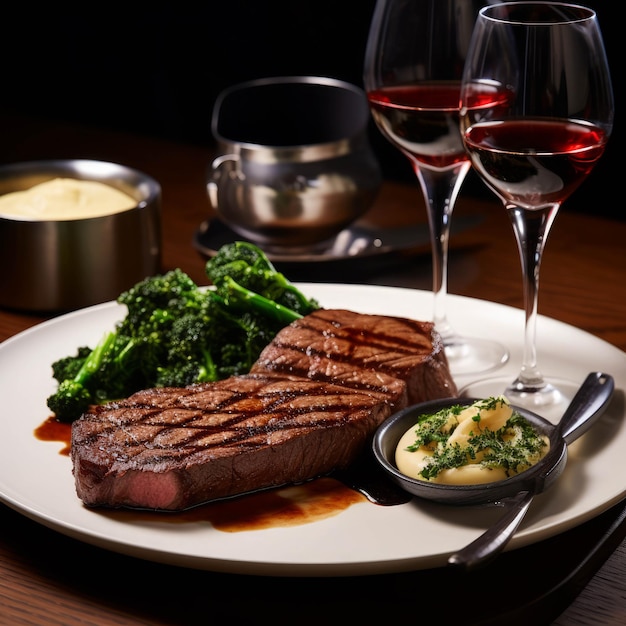 Steak juteux avec pommes de terre sauce brocoli verres de vin et une bougie pour une ambiance romantique